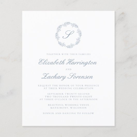 Budget Dusty Blue Monogram Wreath Script Wedding (Vorderseite)