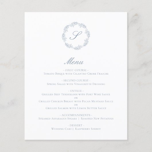 Budget Dusty Blue Monogram Wreath Wedding Menu (Vorderseite)