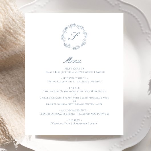 Budget Dusty Blue Monogram Wreath Wedding Menu