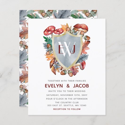 Budget Dusty Blue Mushroom Wedding Einladung (Vorne/Hinten)