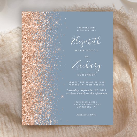 Budget Dusty Blue Peach Glitzer Hochzeit Einladung