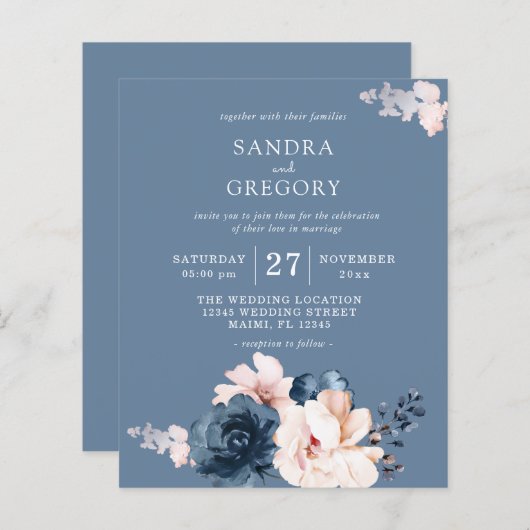 Budget Dusty Blue, Pink Bléal Hochzeitsfeier Flyer (Vorne/Hinten)