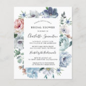 Budget Dusty Blue Pink Floral Brautparty Einladung (Vorderseite)