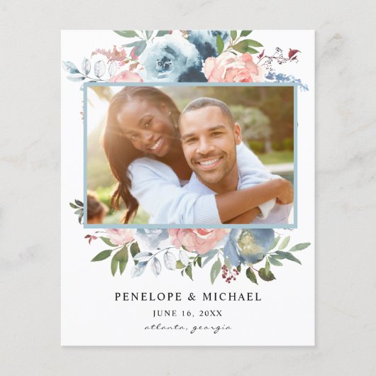 Budget Dusty Blue Pink Floral Save the Date Foto Flyer (Vorne)