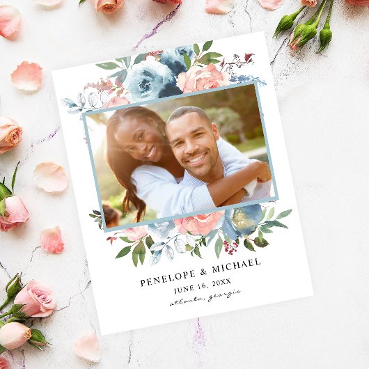 Budget Dusty Blue Pink Floral Save the Date Foto Flyer