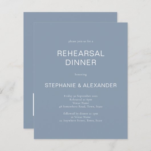 Budget Dusty Blue QR Code Probe Dinner einladen (Vorne/Hinten)