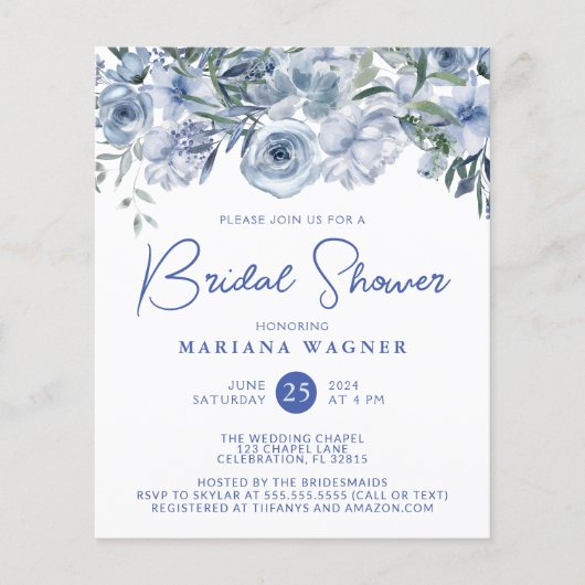 Budget Dusty Blue Romantic Floral Brautparty (Vorderseite)