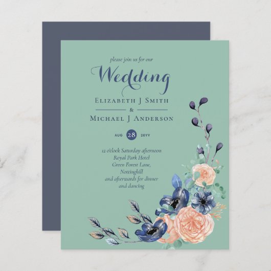 Budget Dusty Blue Sage Floral Wedings Einladungen (Vorne/Hinten)