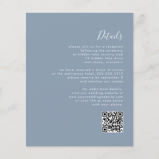 Budget Dusty Blue Script QR Code Hochzeit einladen (Rückseite)