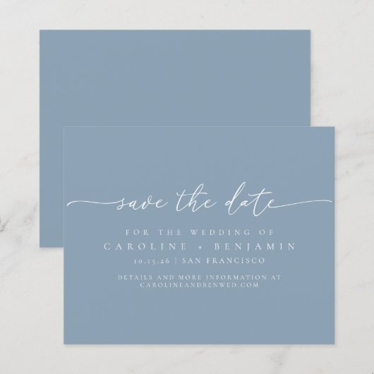 Budget Dusty Blue Script Wedding Rett Date (Vorne/Hinten)
