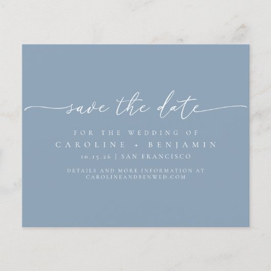 Budget Dusty Blue Script Wedding Rett Date (Vorderseite)