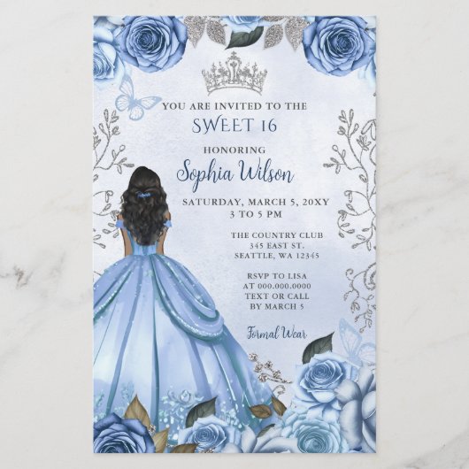 Budget Dusty Blue Silver Floral Princess SWEET 16 (Vorderseite)