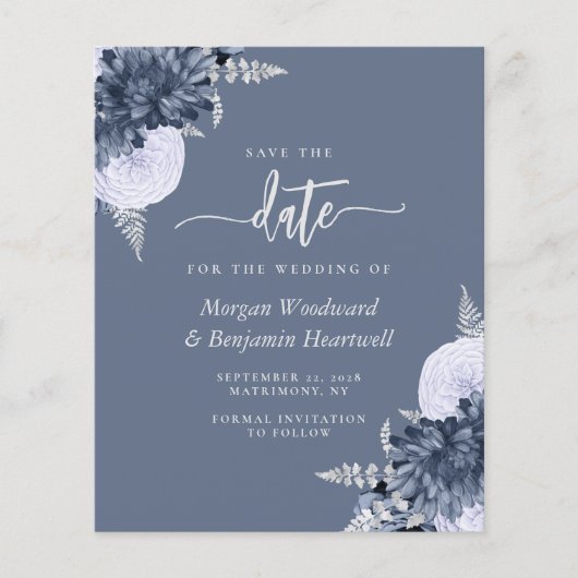 Budget Dusty Blue Silver Floral Save the Date (Vorderseite)