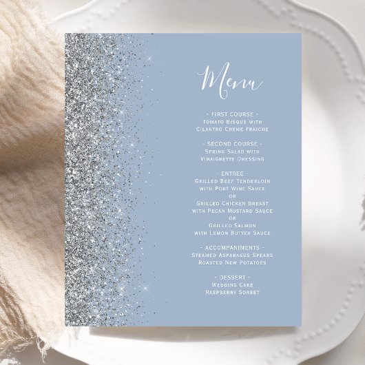 Budget Dusty Blue Silver Glitzer Edge Wedding Menu