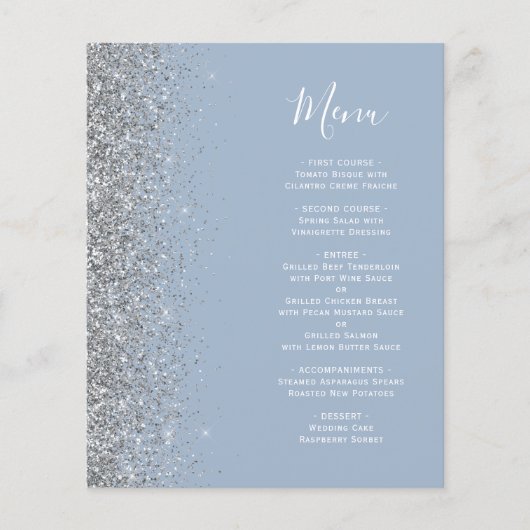 Budget Dusty Blue Silver Glitzer Edge Wedding Menu (Vorderseite)