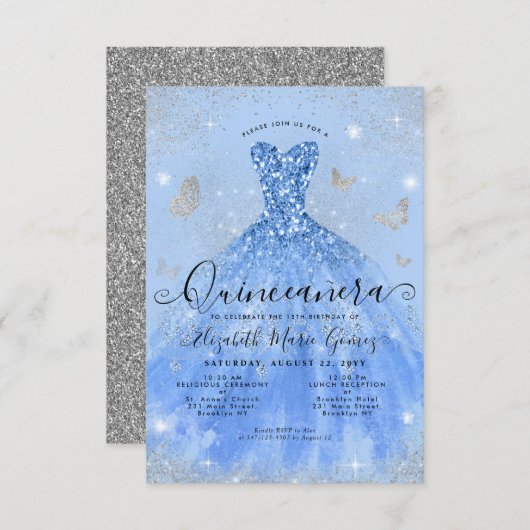 Budget Dusty Blue Silver Glitzer Gown Quinceanera Mitteilungskarte (Vorne/Hinten)