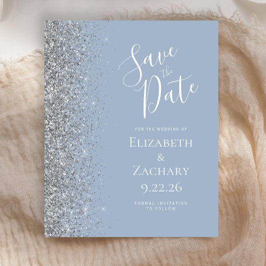 Budget Dusty Blue Silver Glitzer Save the Date