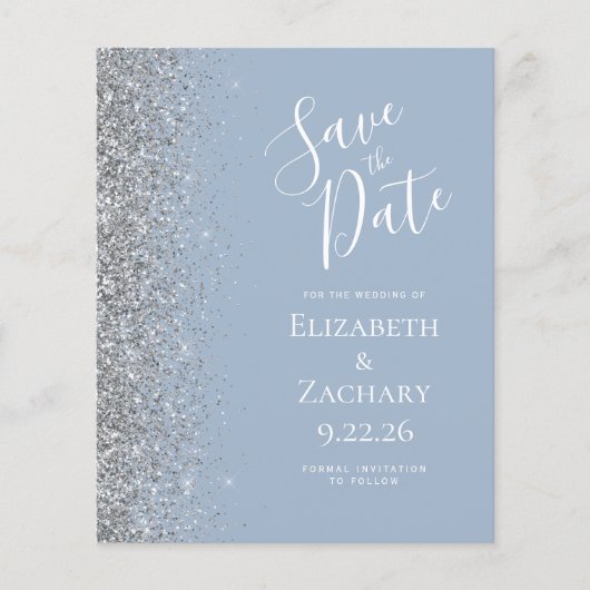 Budget Dusty Blue Silver Glitzer Save the Date (Vorderseite)