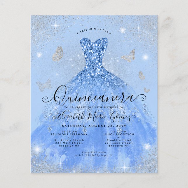 Budget Dusty Blue Silver Gown Quinceanera Einladun (Vorderseite)