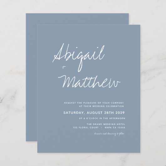 Budget Dusty Blue Simple Boho Wedding Einladung (Vorne/Hinten)