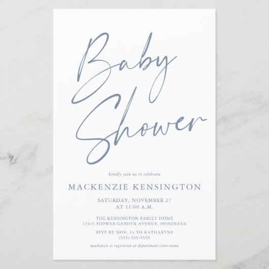 Budget Dusty Blue Simple Script Baby Dusche (Vorderseite)