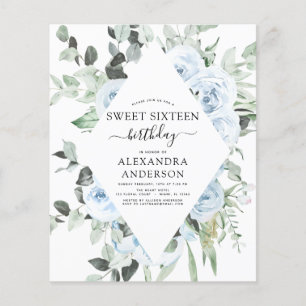 Budget Dusty Blue Sweet Sixteen Geburtstagsfeier Flyer
