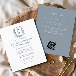Budget Dusty Blue Wappen Monogram Wedding QR Code Flyer