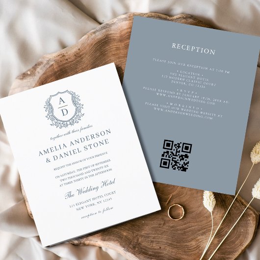 Budget Dusty Blue Wappen Monogram Wedding QR Code Flyer