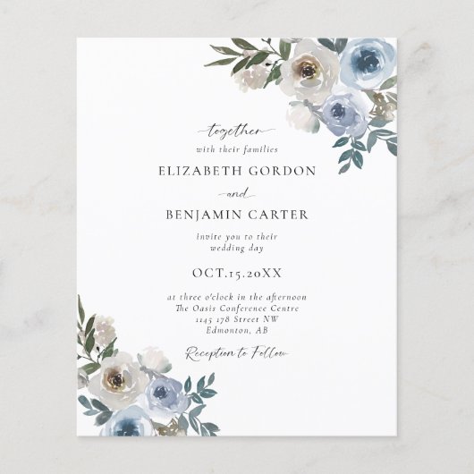 Budget Dusty Blue Wedding Floral Elegantes Skript (Vorderseite)