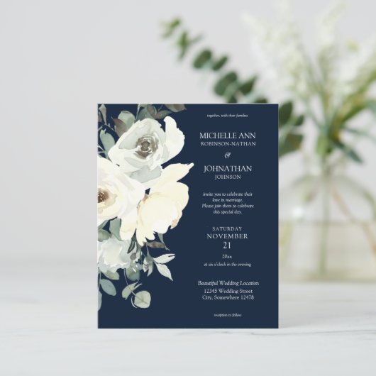 Budget Dusty Blue & White auf Navy Floral Wedding (Stehend Vorderseite)