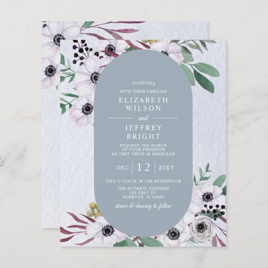 Budget Dusty Blue White Floral Wedding Einladung (Vorne/Hinten)