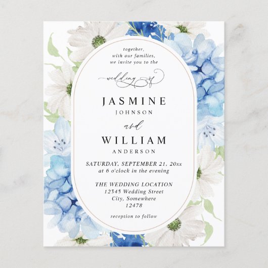 Budget Dusty Blue & White Floral Wedding Flyer (Vorne)