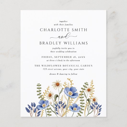 Budget Dusty Blue Wildblume Hochzeit Einladung (Vorderseite)