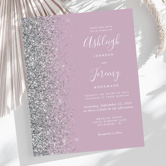 Budget Dusty Lila Silver Glitzer Wedding Einladung