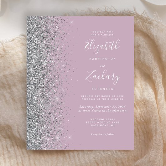 Budget Dusty Lila Silver Glitzer Wedding Einladung