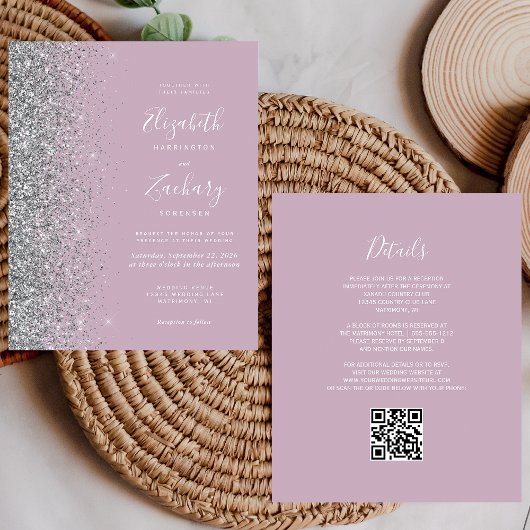 Budget Dusty Lilac Silver Glitzer QR Code Wedding