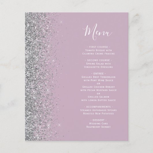 Budget Dusty Lilac Silver Glitzer Wedding Menu (Vorderseite)