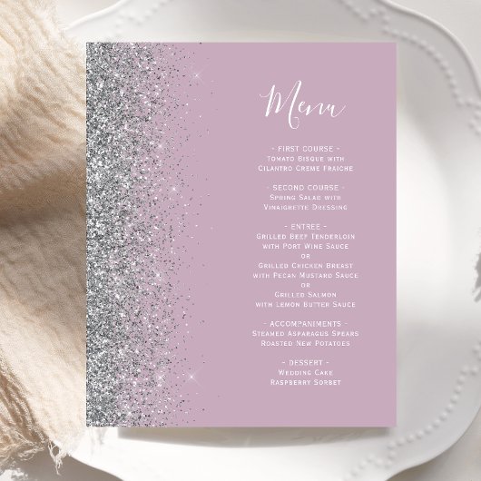 Budget Dusty Lilac Silver Glitzer Wedding Menu