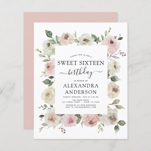 Budget Dusty Pink 16 . Geburtstag Geburtstagsparte (Vorne/Hinten)