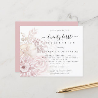 Budget Dusty Pink Florals Girly 21. Party Einladun