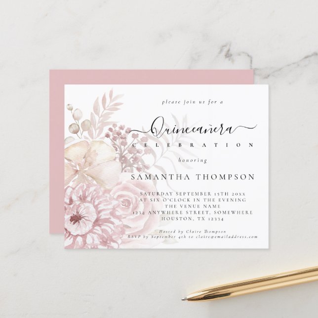 Budget Dusty Pink Florals Quinceañera Einladung (Vorderseite/Rückseite Beispiel)