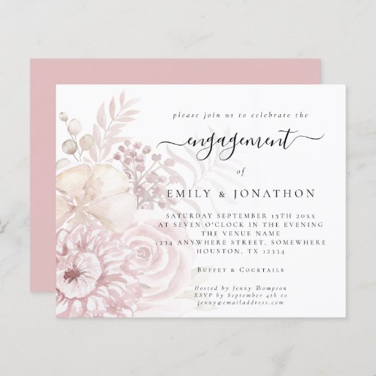 Budget Dusty Pink Florals Verlobung Einladung (Vorne/Hinten)