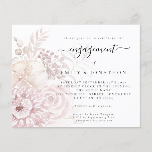 Budget Dusty Pink Florals Verlobung Einladung (Vorderseite)