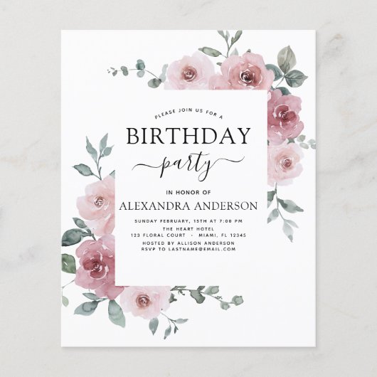 Budget Dusty Pink Geburtstagsparty Blumenladen Flyer (Vorne)