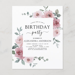 Budget Dusty Pink Geburtstagsparty Blumenladen Flyer