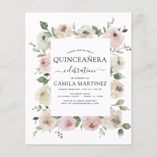 Budget Dusty Pink Quinceñera Blumengrün Flyer (Vorne)