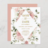 Budget Dusty Pink Rose Floral Gold Save the Date (Vorne/Hinten)