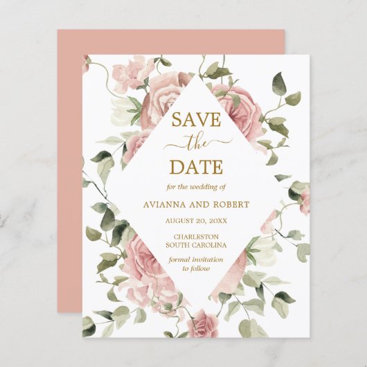 Budget Dusty Pink Rose Floral Gold Save the Date (Vorne/Hinten)