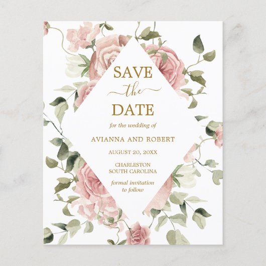 Budget Dusty Pink Rose Floral Gold Save the Date (Vorderseite)