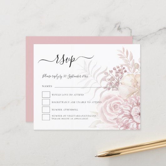 Budget Dusty Pink Tinted Florals Wedding RSVP (Vorderseite/Rückseite Beispiel)